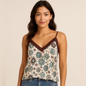 Tz) Boho Floral Cami Tank Top with Lace Trim – Size 10